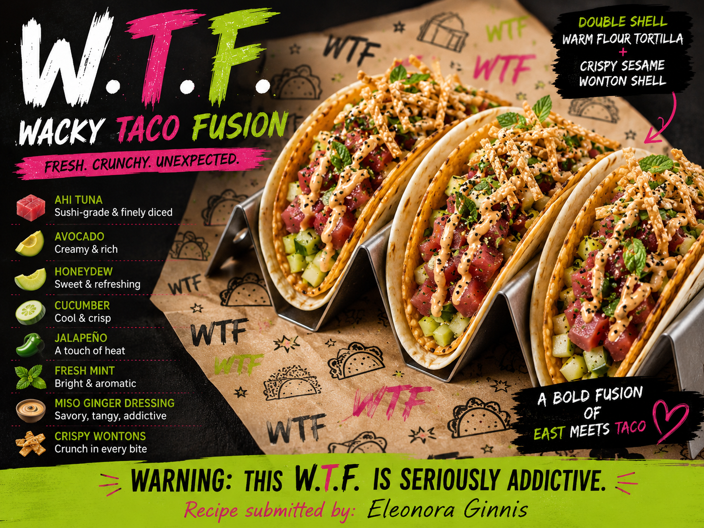 Wacky Taco Fusion promotional recipe poster featuring ahi tuna double-shell tacos